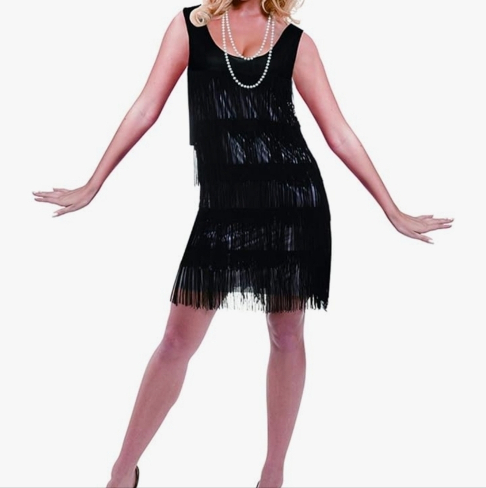 Black Fringe Flapper Dress With Accesories NEW